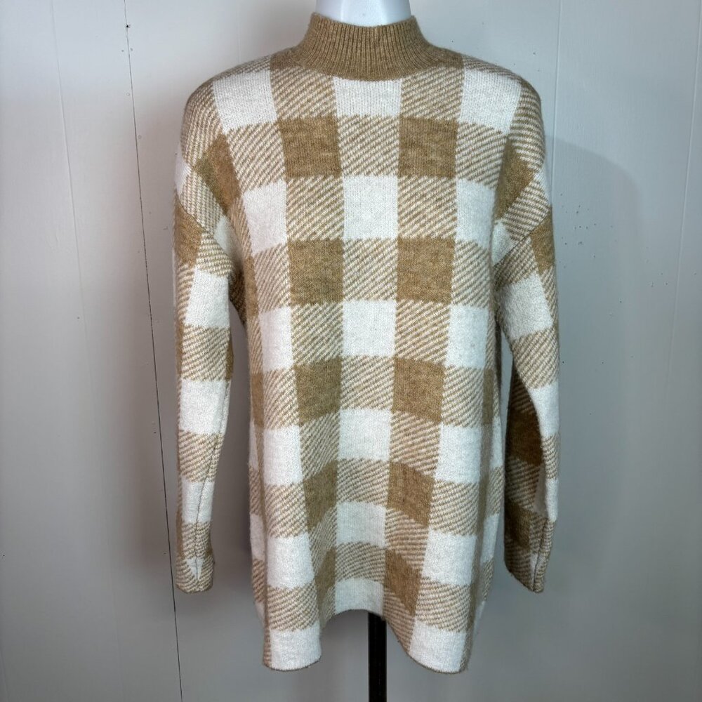 LOFT Sweater Medium Tan White Plaid Mock Neck Pullover Long Sleeve Women's